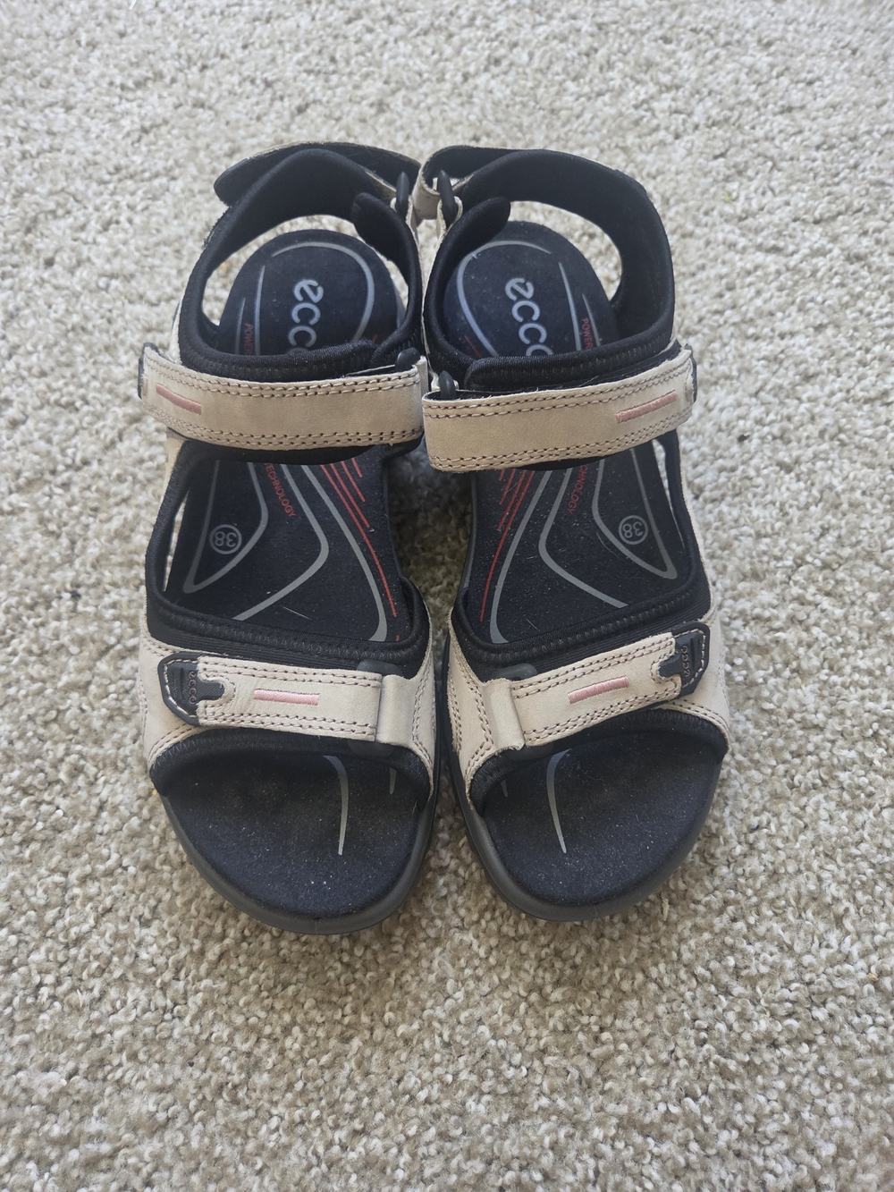 Ecco Beige and Black Trail Sandals with Red Accents